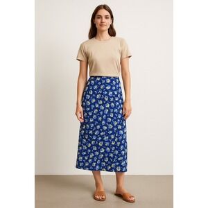 Vintage Rolling Over Blue Floral Print Maxi Skirt Button Front Womens Medium USA